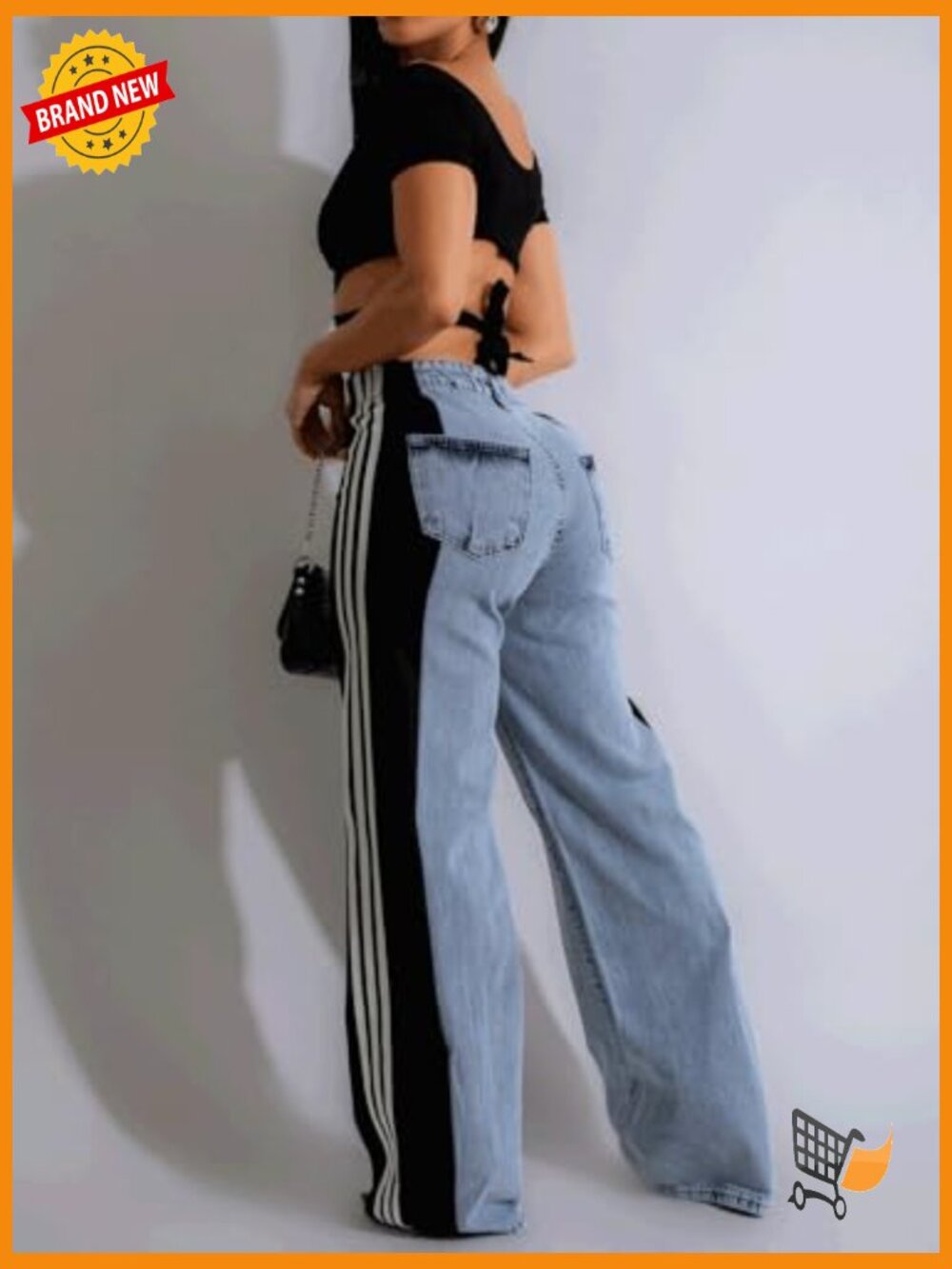 High Waisted Stretchy Wide Leg Jeans with Patchwork Stripes - Picture 2 of 7